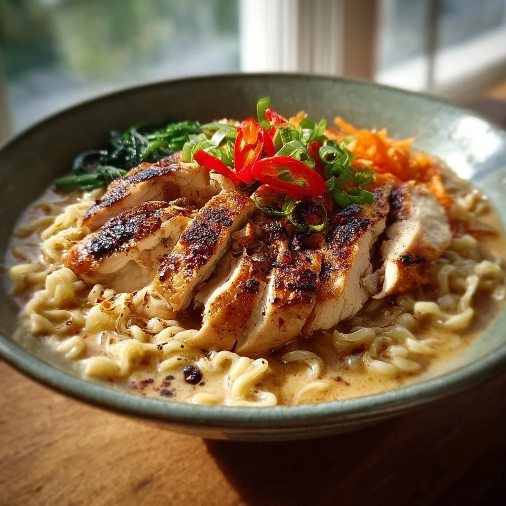 Fiery Chicken Ramen Bowl with Creamy Garlic Sauce