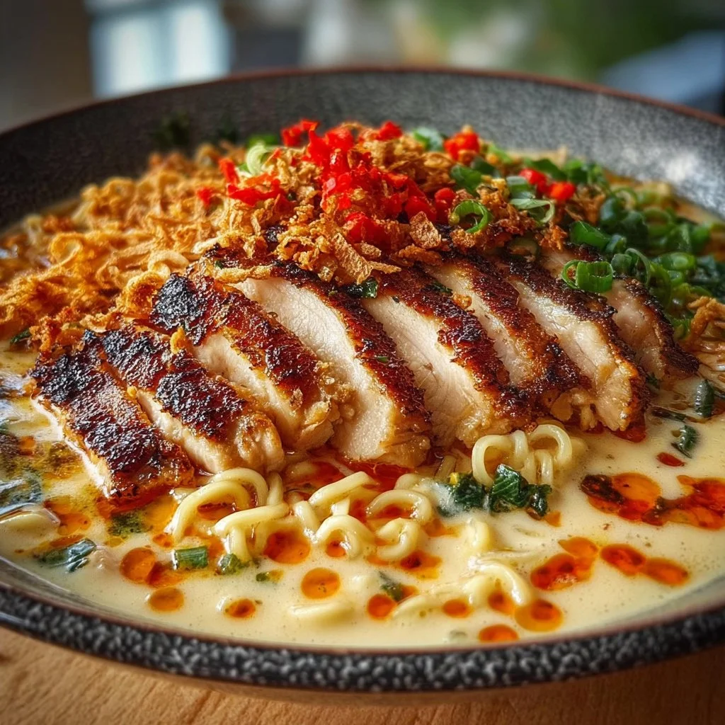 Fiery Chicken Ramen with Creamy Garlic Sauce