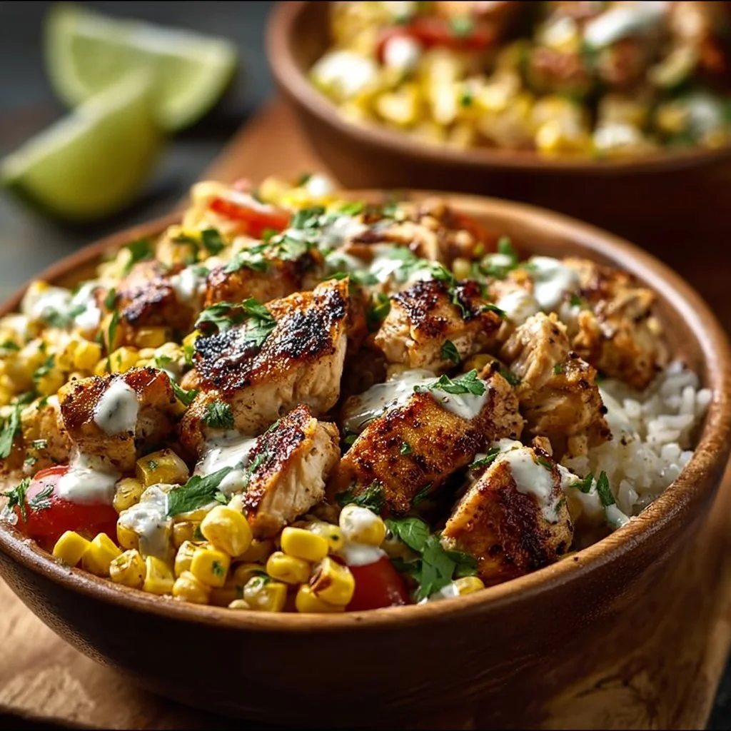 Colorful chicken bowl with street corn and fresh ingredients
