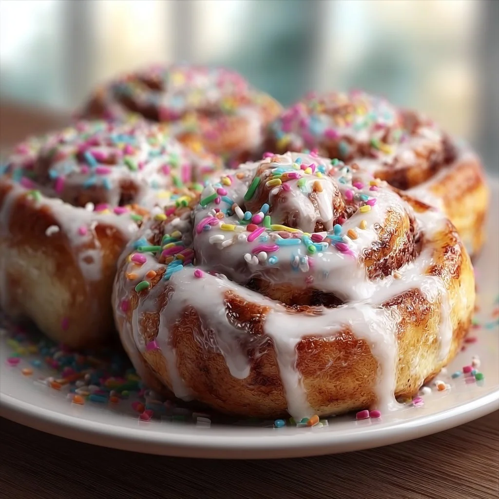 Delicious funfetti cinnamon rolls topped with colorful sprinkles and cream cheese frosting.