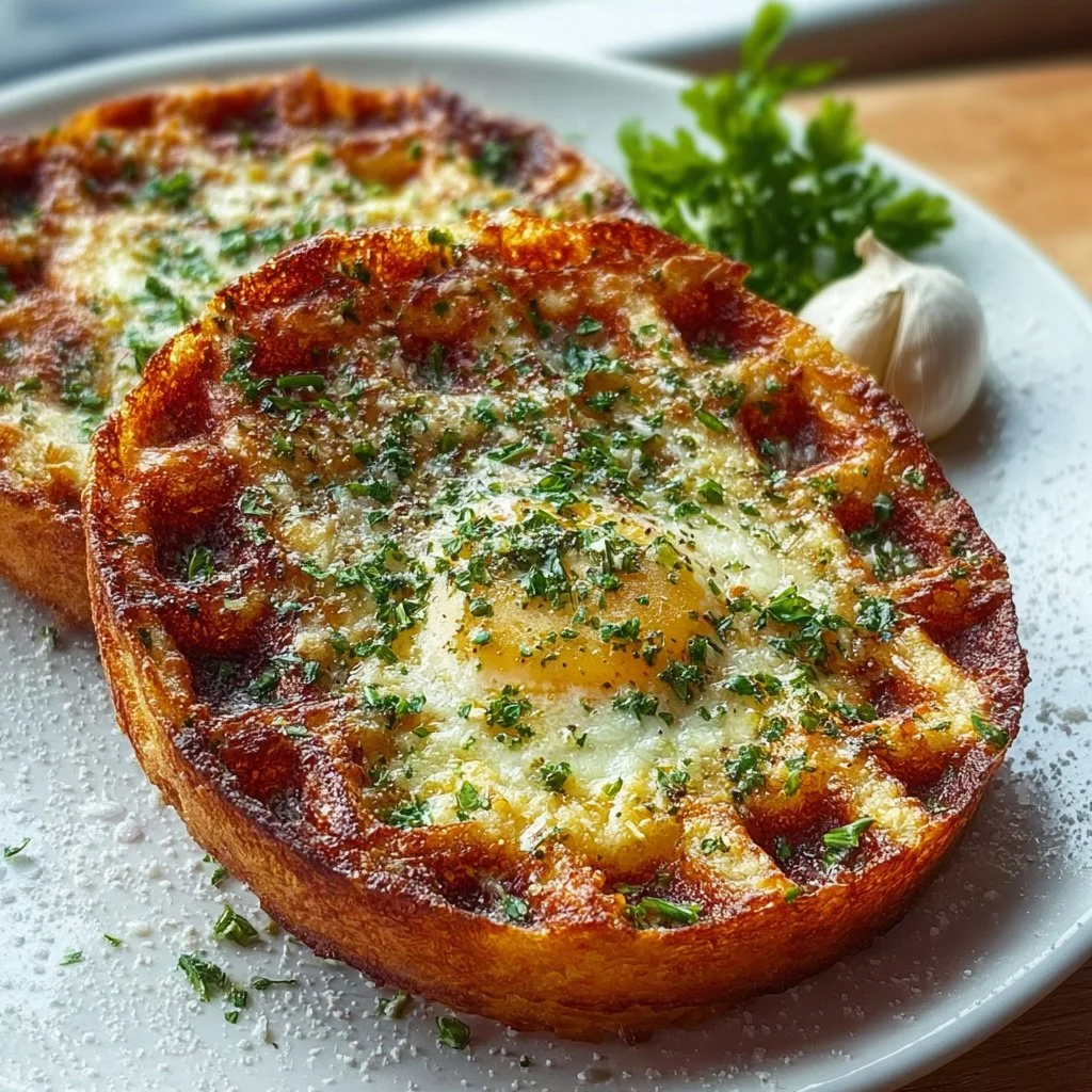 Garlic Bread Chaffle served on a plate with herbs and cheese