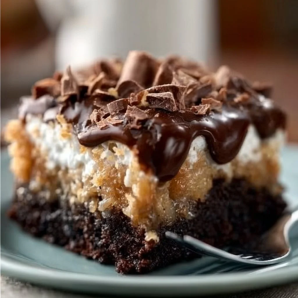 Delicious German Chocolate Poke Cake with chocolate frosting and coconut topping