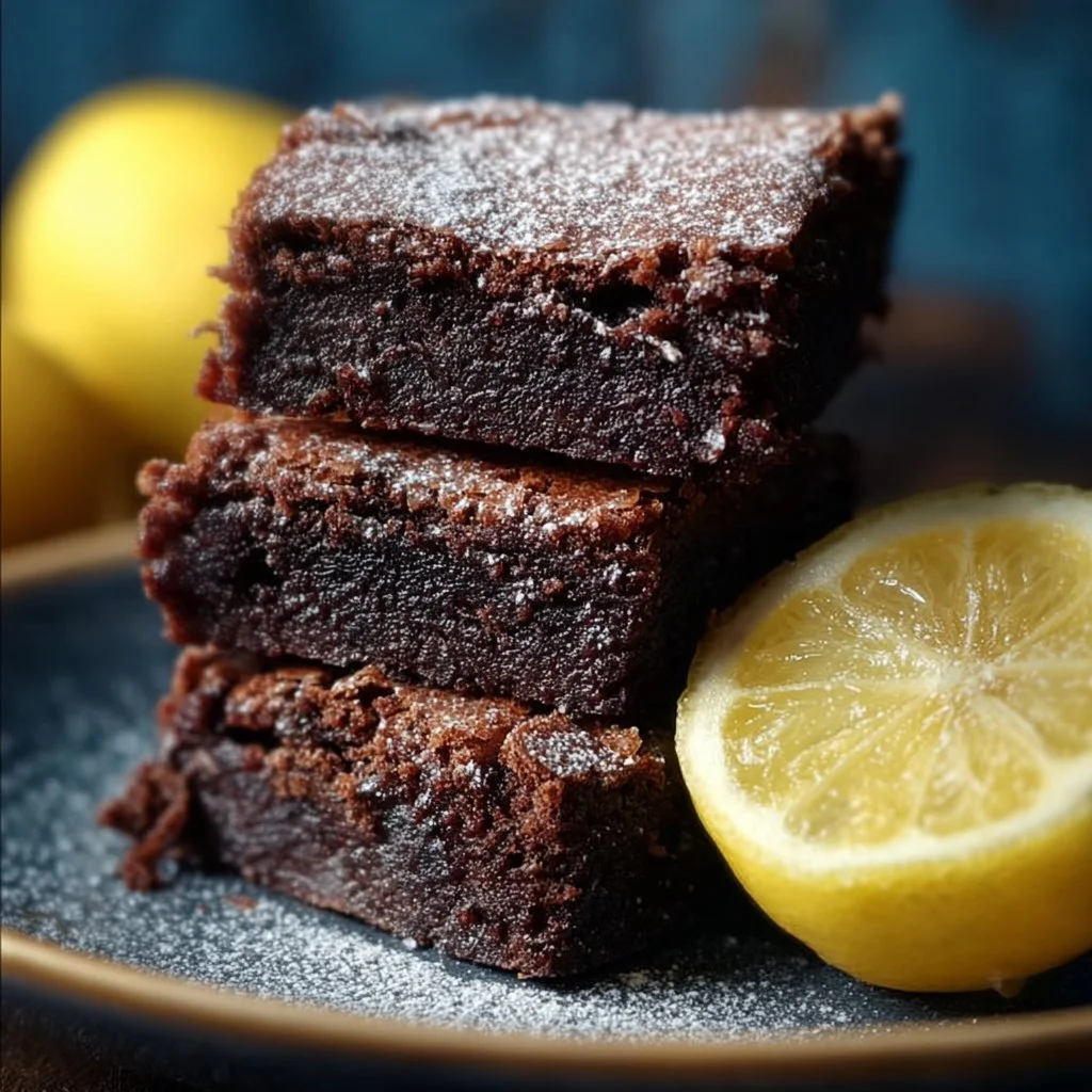 Delicious gluten-free lemon brownies served on a plate with a lemon slice garnish