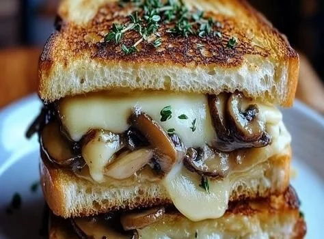 Gouda Mushroom & Onion Grilled Cheese sandwich with golden crispy bread