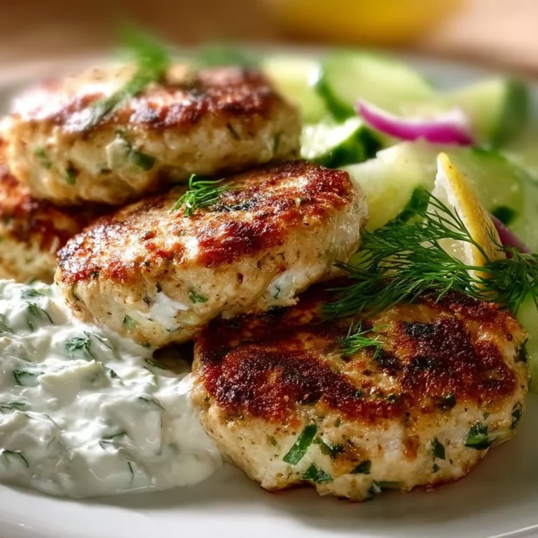 Plate of Greek chicken patties with tzatziki and cucumber salad