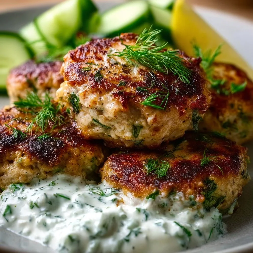 Greek Chicken Patties with Tzatziki and Cucumber Salad