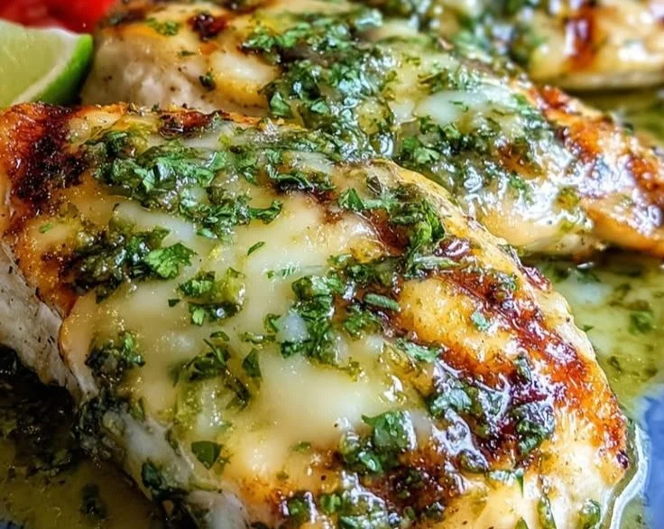 Grilled Salsa Verde Pepper Jack Chicken garnished with fresh herbs and peppers