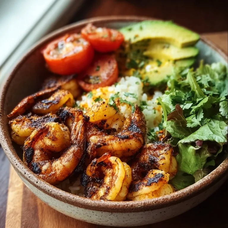 Delicious grilled shrimp bowl topped with fresh vegetables and savory sauce.