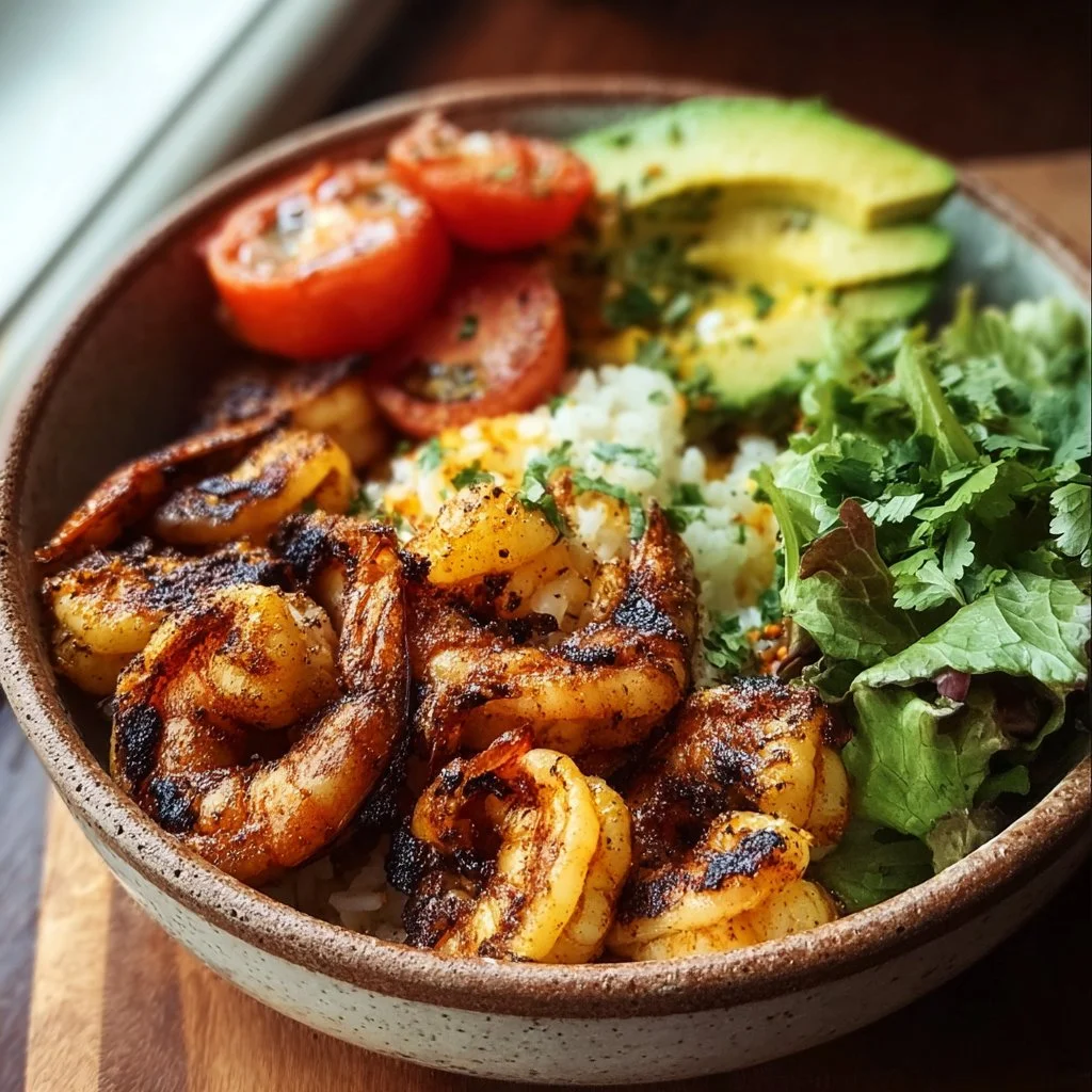 Delicious grilled shrimp bowl topped with fresh vegetables and savory sauce.