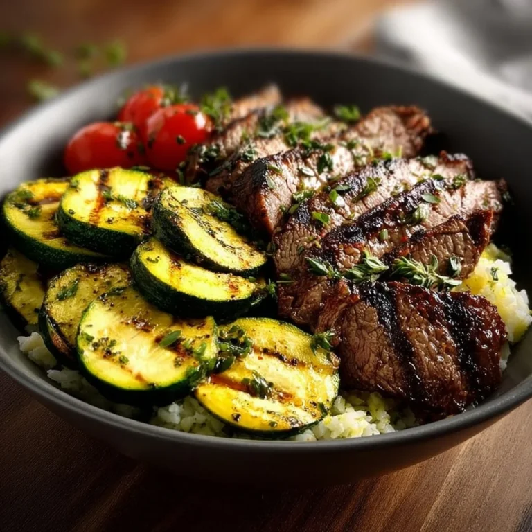 Delicious Grilled Steak Bowl with fresh zucchini and vibrant toppings