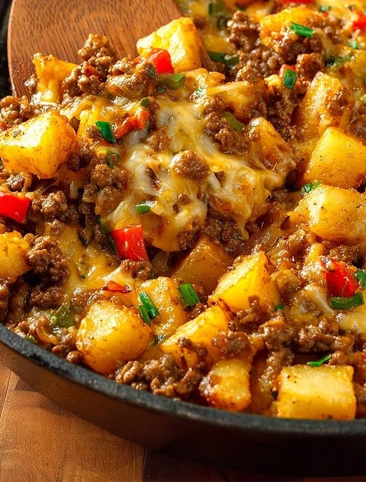 Delicious ground beef potato hash served in a skillet with spices and herbs.