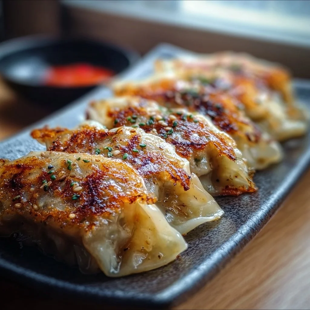 Plate of Gyoza Japanese dumplings with dipping sauce and vegetables