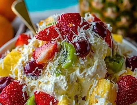 Hawaiian Cheesecake Salad with tropical fruits and creamy topping