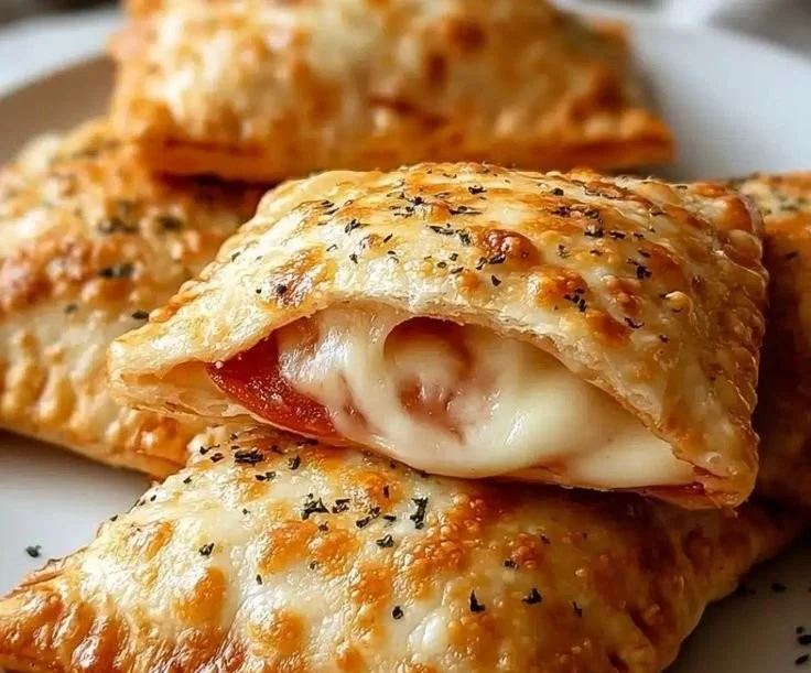 Homemade cheesy pizza pockets fresh out of the oven, golden and cheesy.