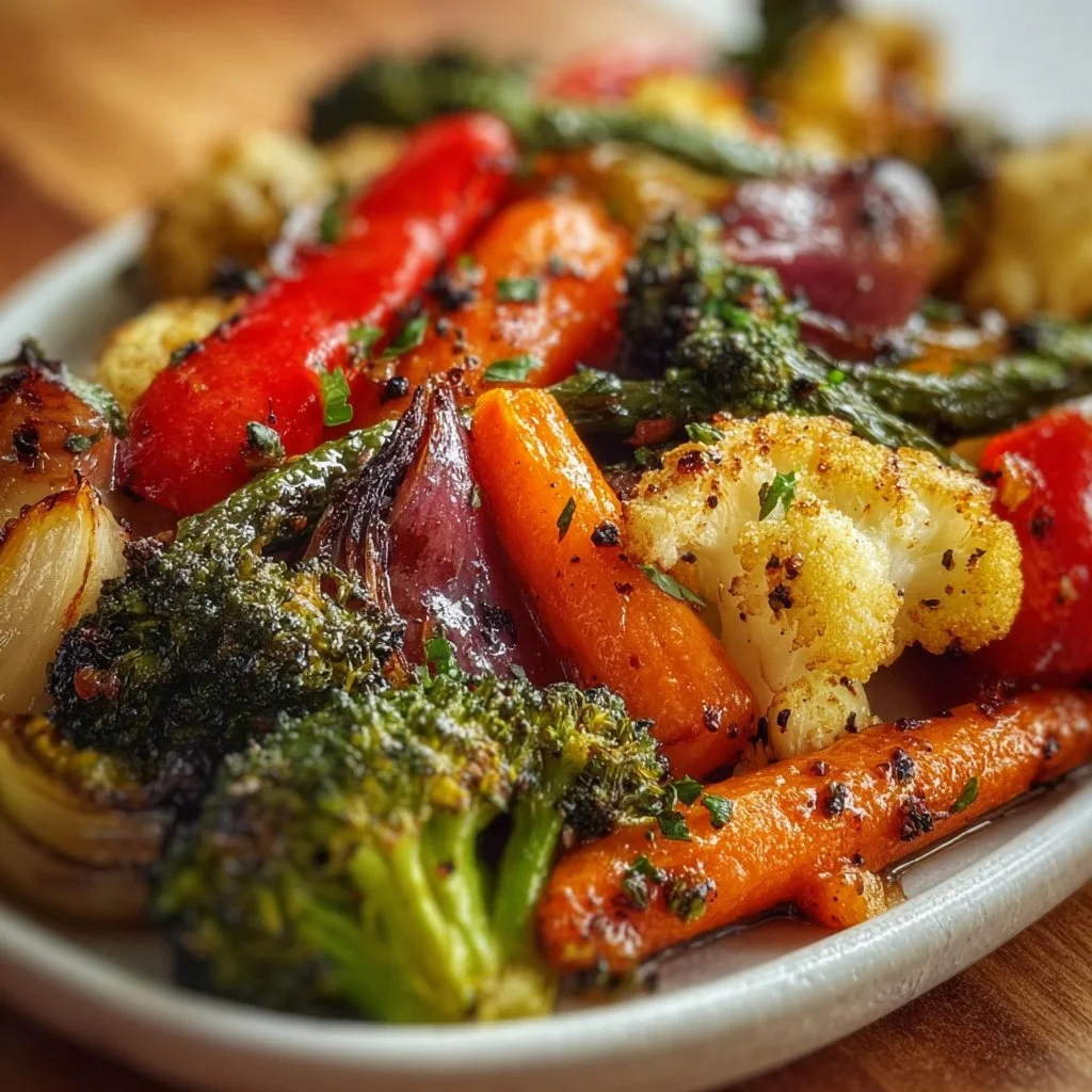 Colorful honey garlic roasted vegetables on a platter, showcasing vibrant flavors.