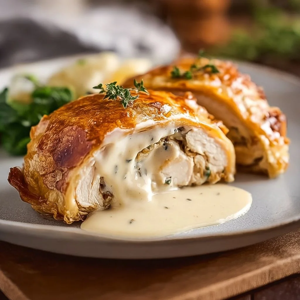 Plate of Chicken Wellington served with Dijon cream sauce, garnished elegantly.