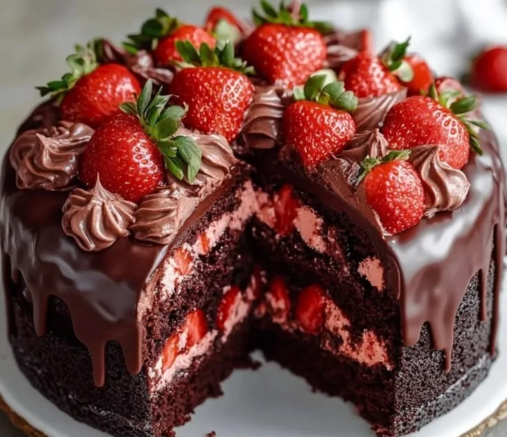 Irresistible strawberry chocolate cake with a rich chocolate shell and fresh strawberries.