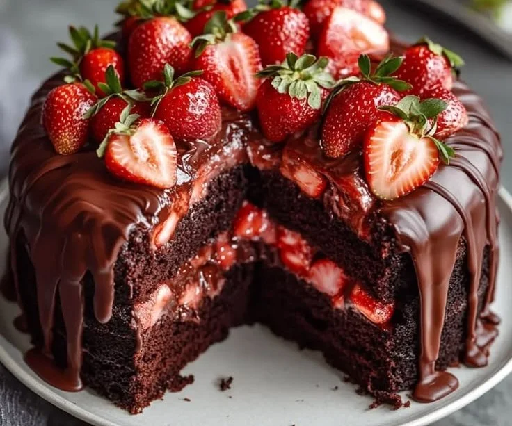 Irresistible Strawberry Chocolate Shell Cake