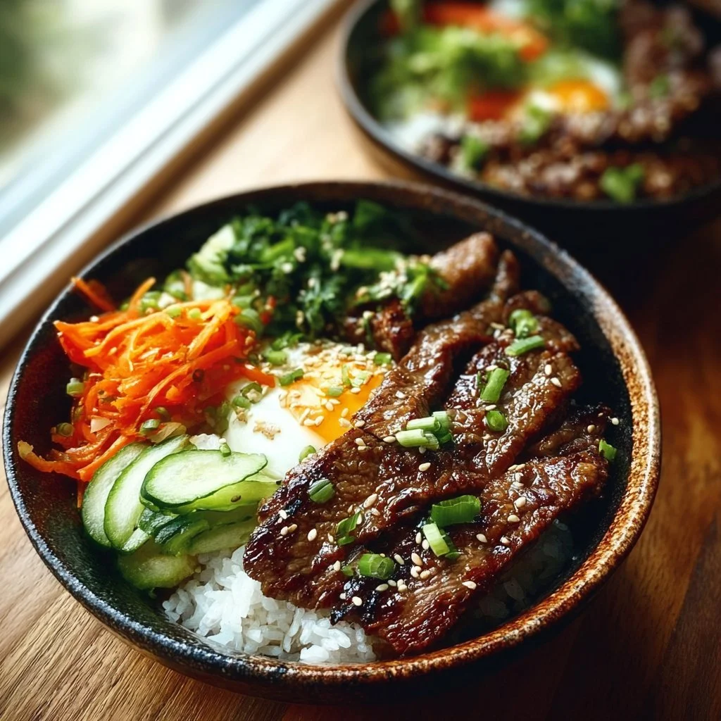 Korean BBQ steak bowl with grilled meat, vegetables, and rice in a vibrant presentation.