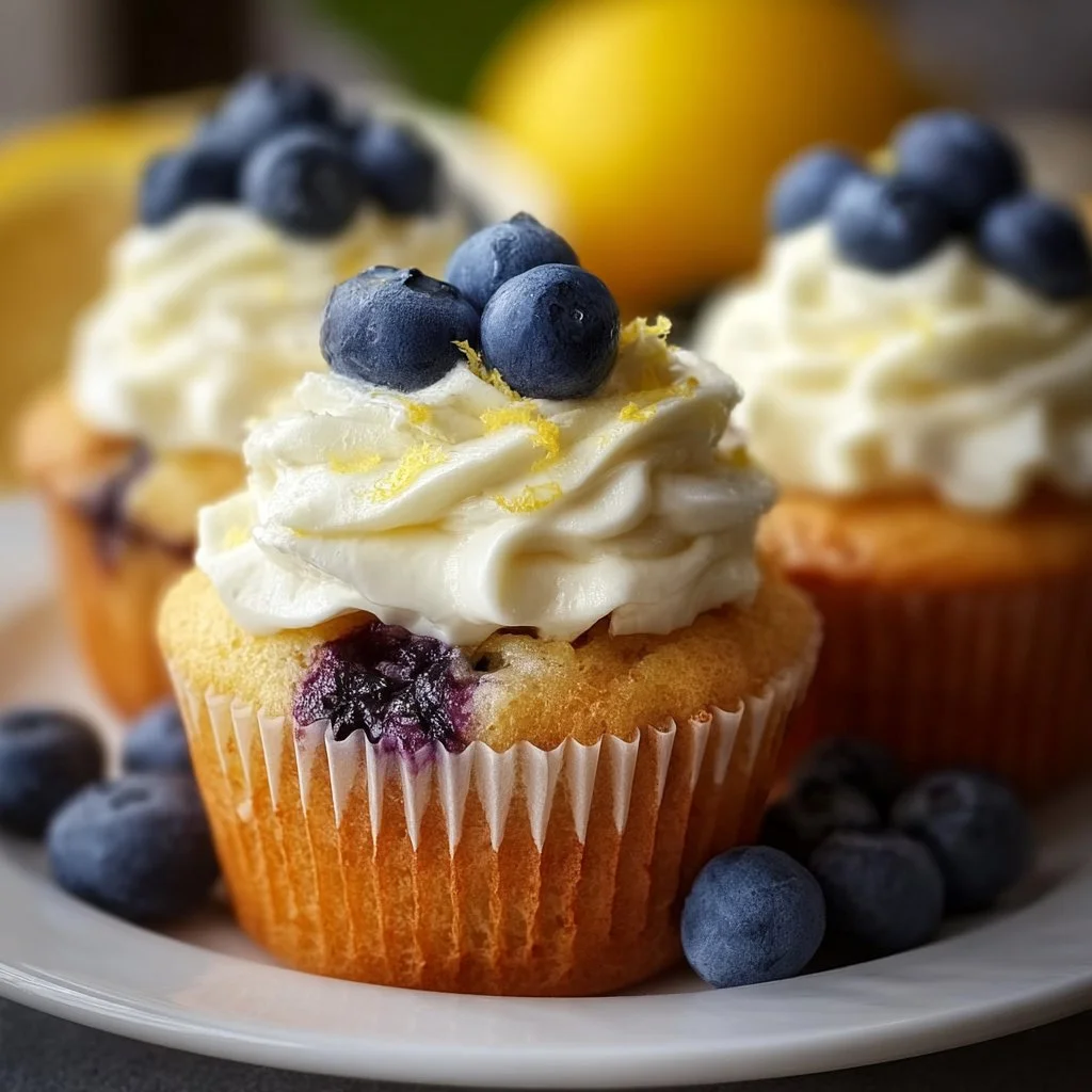 Delicious Lemon Blueberry Cupcakes with frosting and fresh blueberries on top