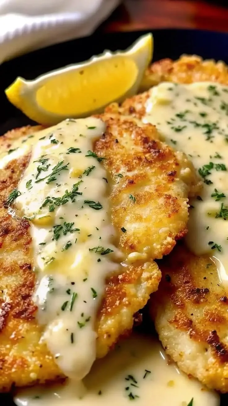 Lemon Pecorino Crusted Chicken served with fresh herbs and lemon slices.