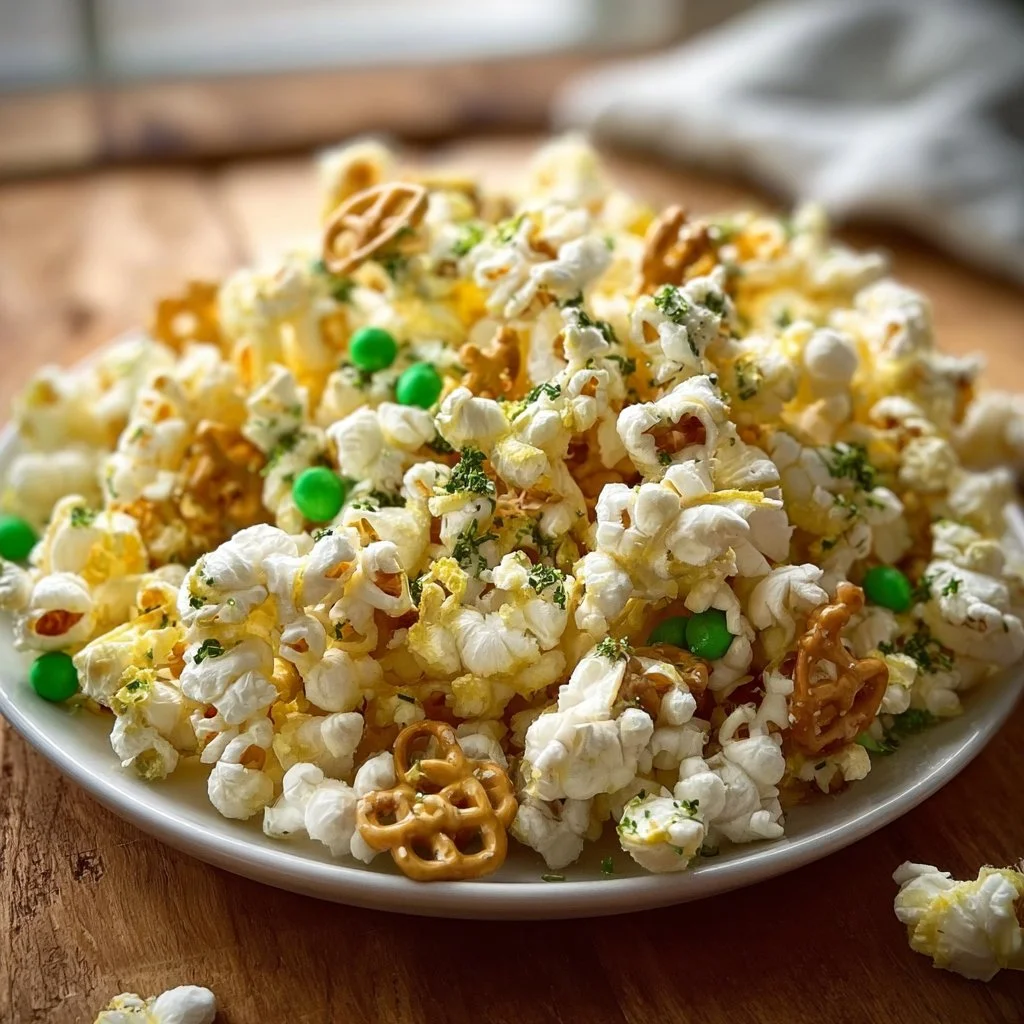 Delicious Loaded Leprechaun Popcorn topped with festive treats for St. Patrick's Day.
