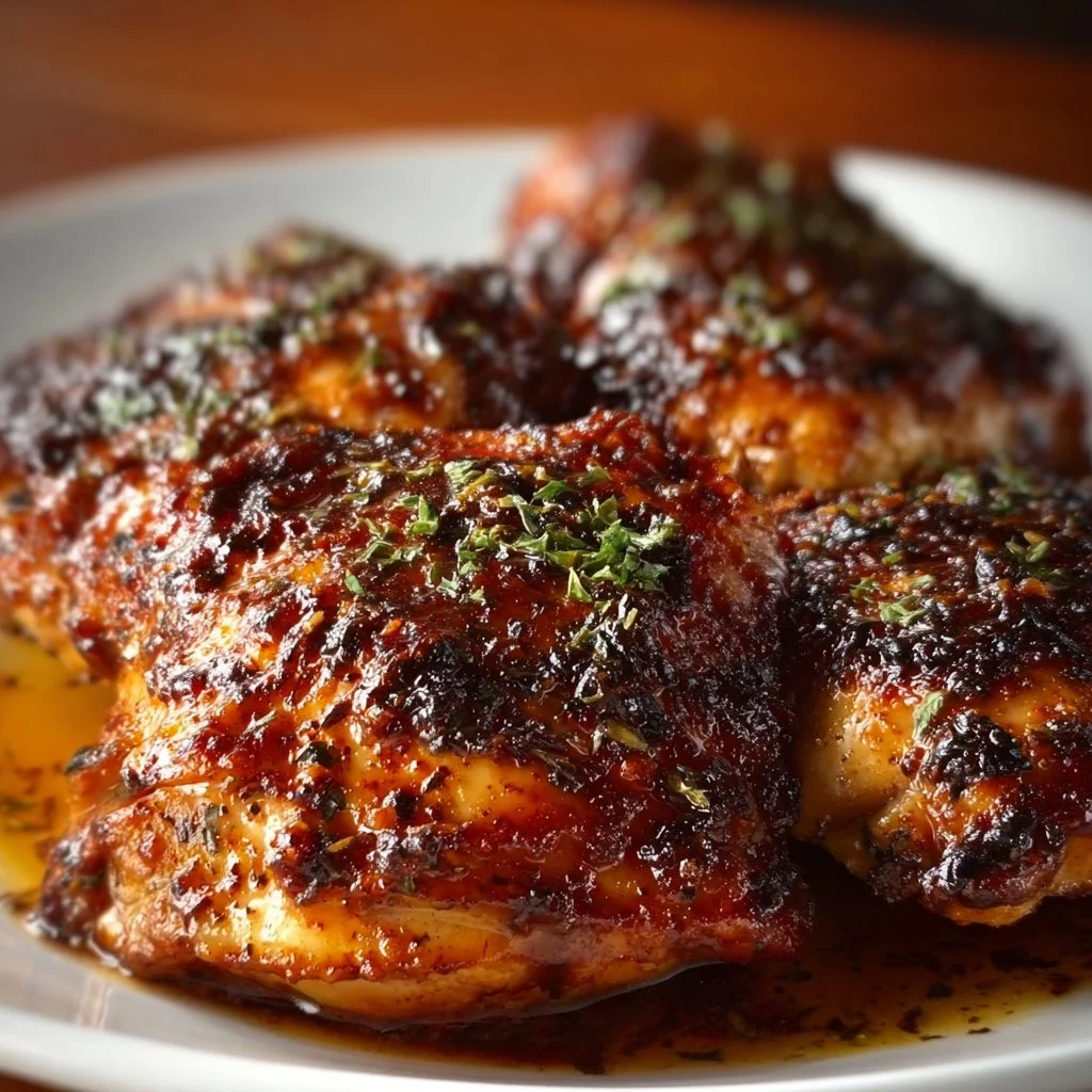 Juicy low carb BBQ chicken thighs on a grill, perfect for healthy dining.
