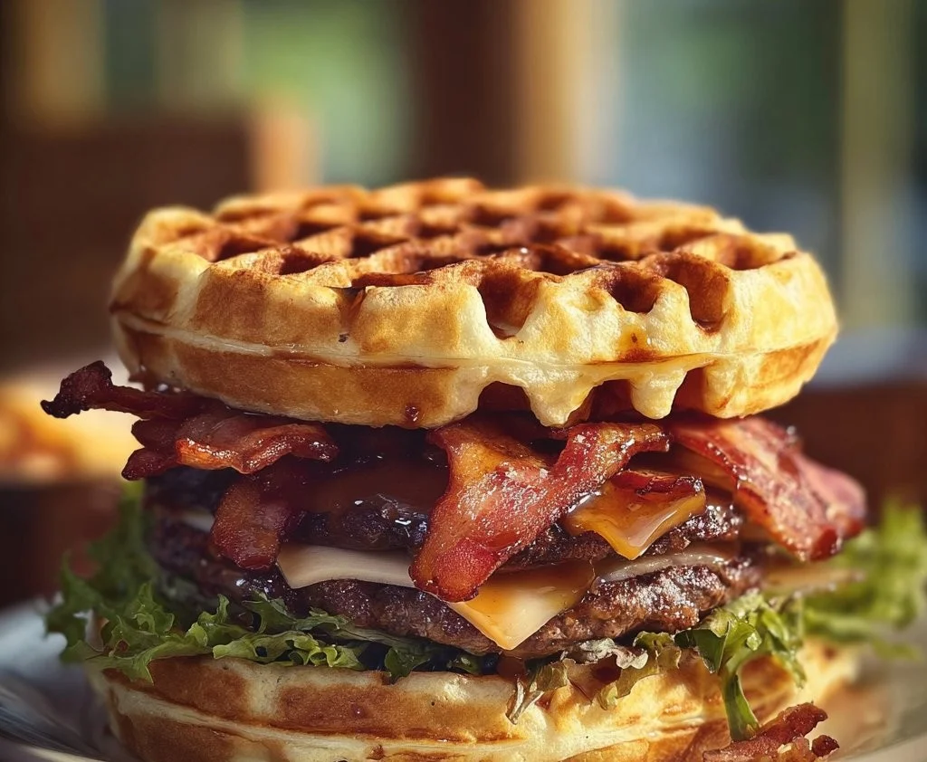 A mouthwatering Maple Bacon Waffle Burger topped with crispy bacon and syrup