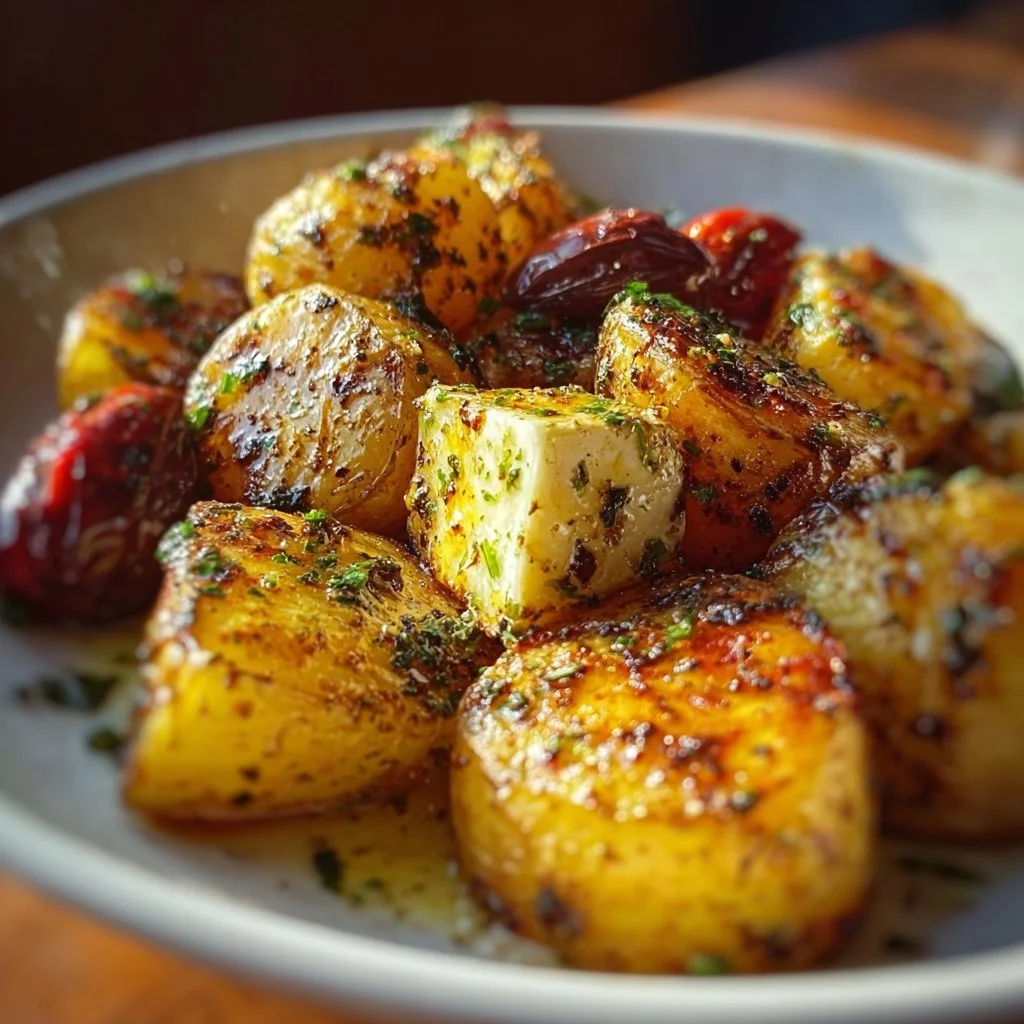 Bowl of Mediterranean roasted potatoes garnished with herbs and spices