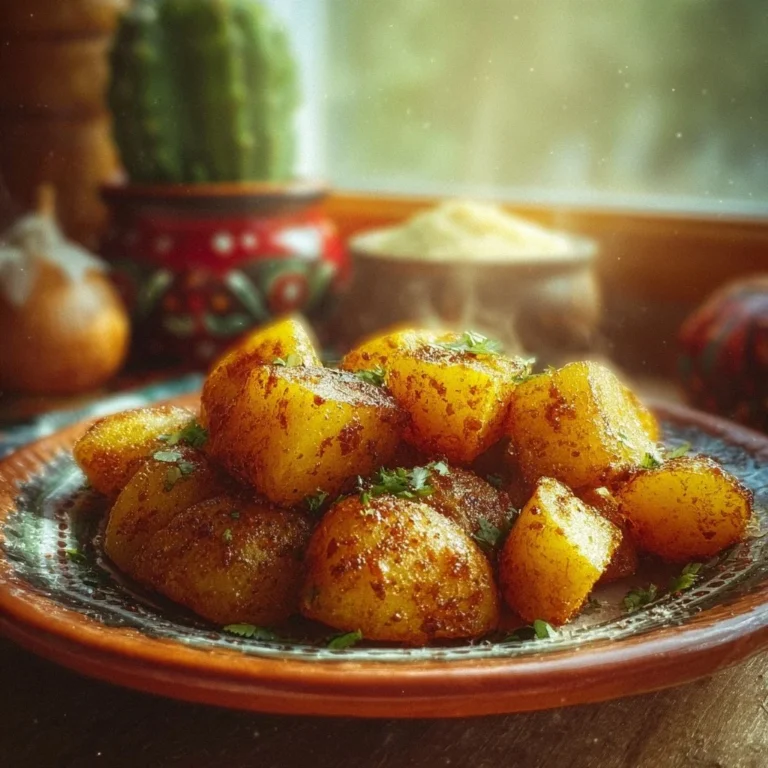 A vibrant dish of Mexican potatoes garnished with fresh herbs and spices.