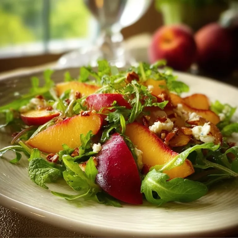 A vibrant bowl of Millionaire Peach Salad featuring juicy peaches and fresh greens.