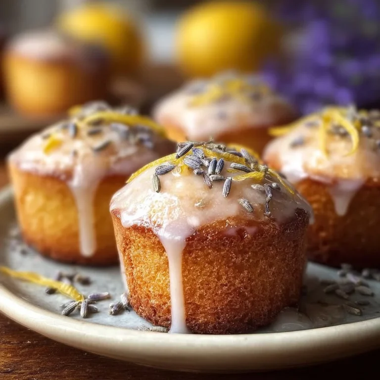 Mini lemon cakes topped with lavender glaze on a rustic plate