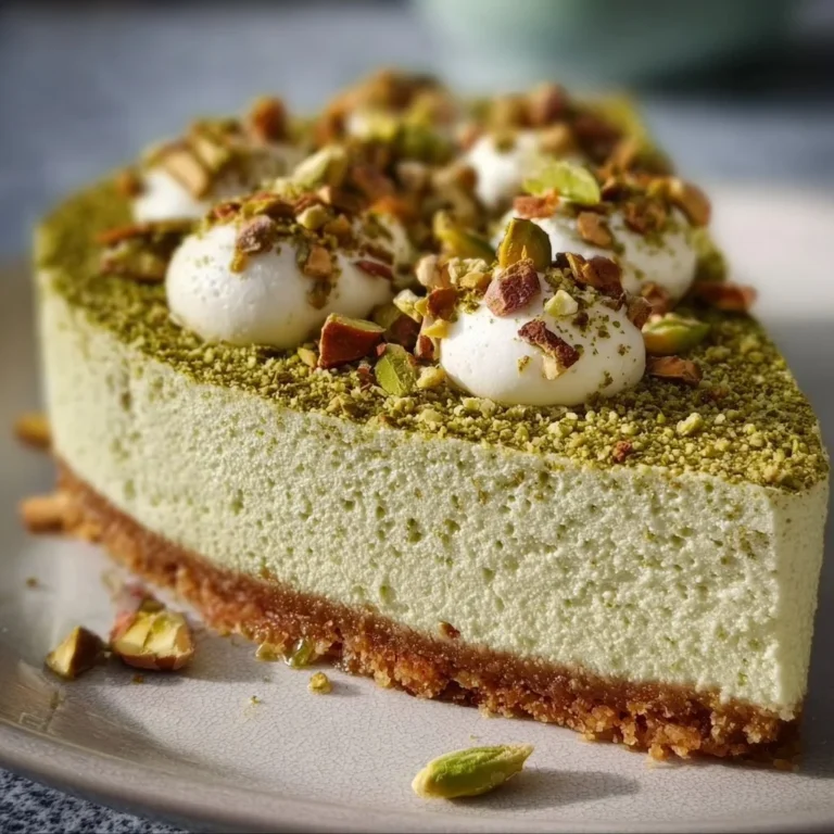 Delicious no-bake pistachio cheesecake topped with crushed pistachios