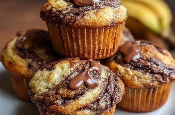 Freshly baked Nutella banana muffins with chocolate swirl