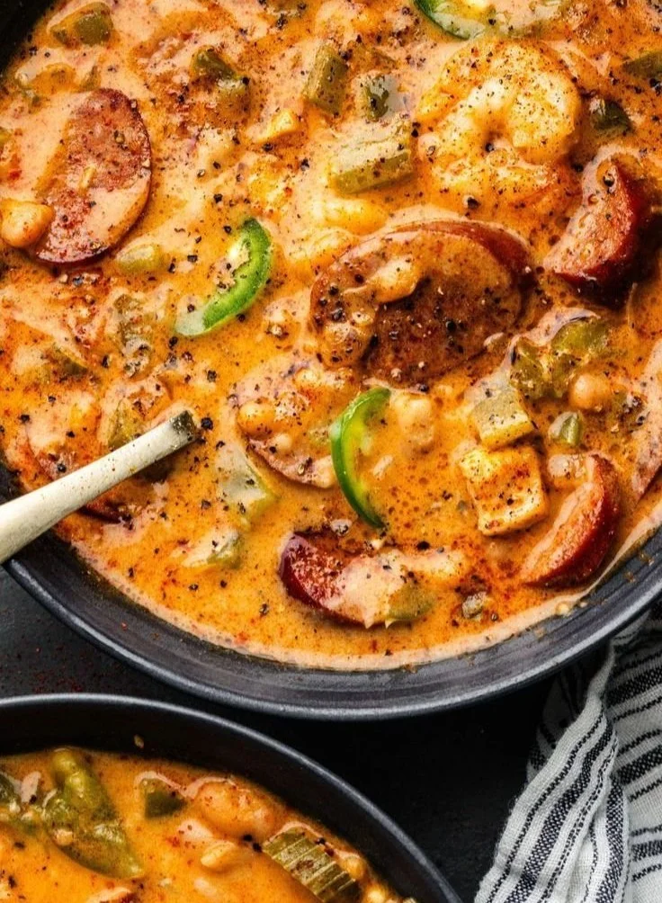Bowl of creamy Cajun sausage pasta topped with herbs and spices