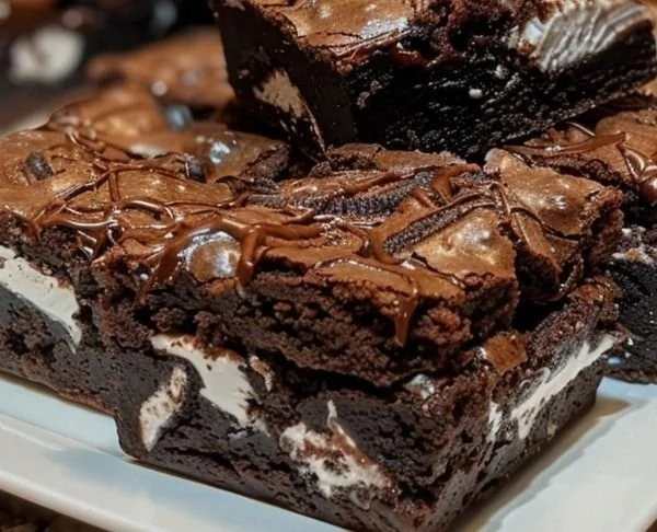 Delicious Oreo Reese's fudge brownies topped with crushed Oreos and Reese's pieces.