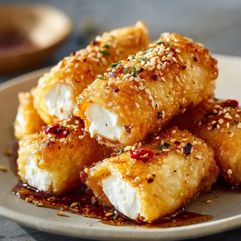 Oven-fried feta rolls with spicy chili honey served on a plate.