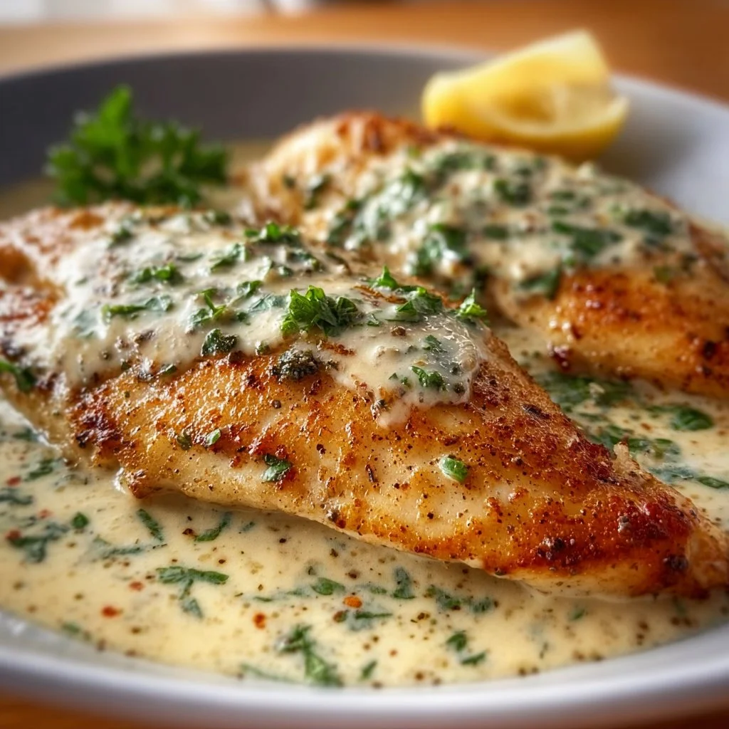 Pan-seared tilapia fillet topped with creamy sauce on a plate