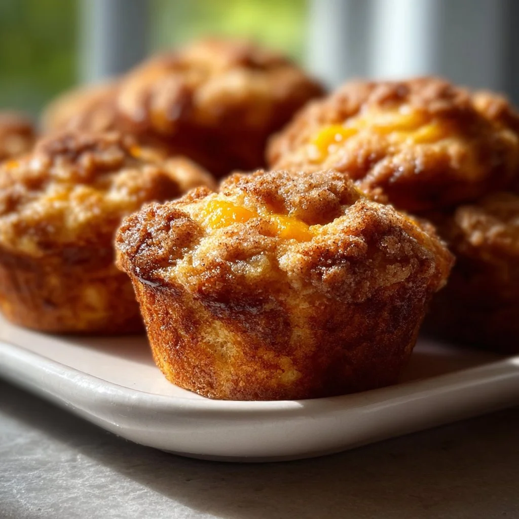 Peach cobbler muffins topped with fresh peaches and a crumble