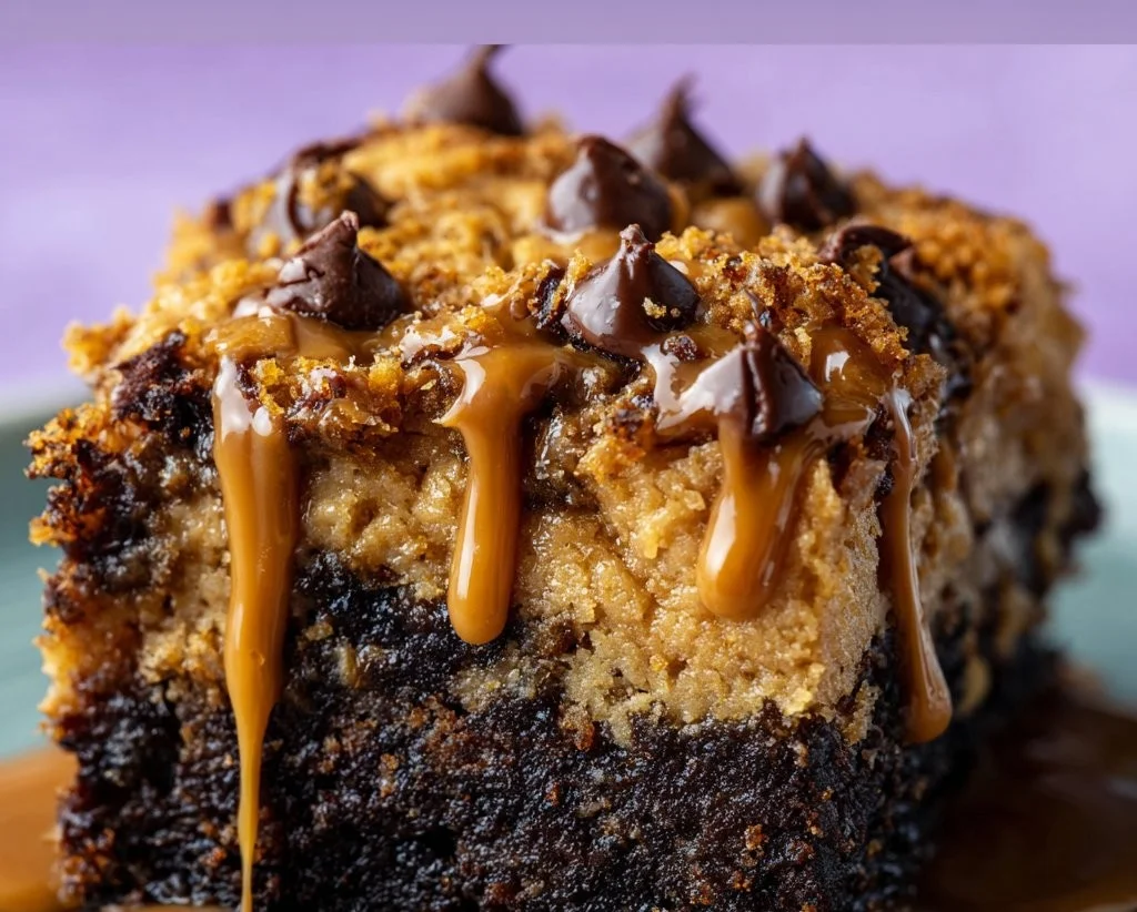 Delicious Peanut Butter Cup Dump Cake topped with chocolate and peanut butter cups