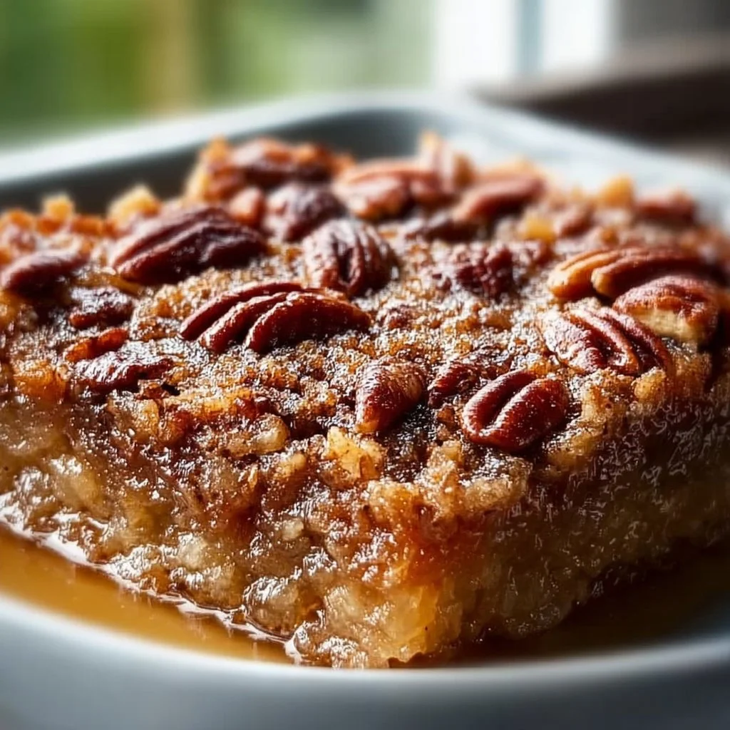 Delicious slice of pecan pie dump cake topped with pecans and caramel sauce.