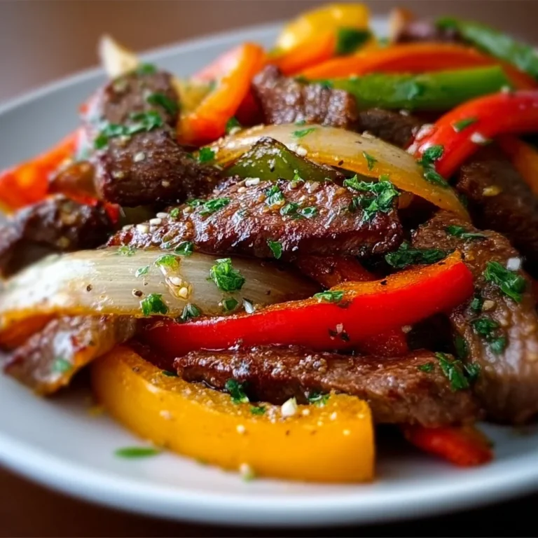 Pepper Steak served with colorful bell peppers and onion on a plate