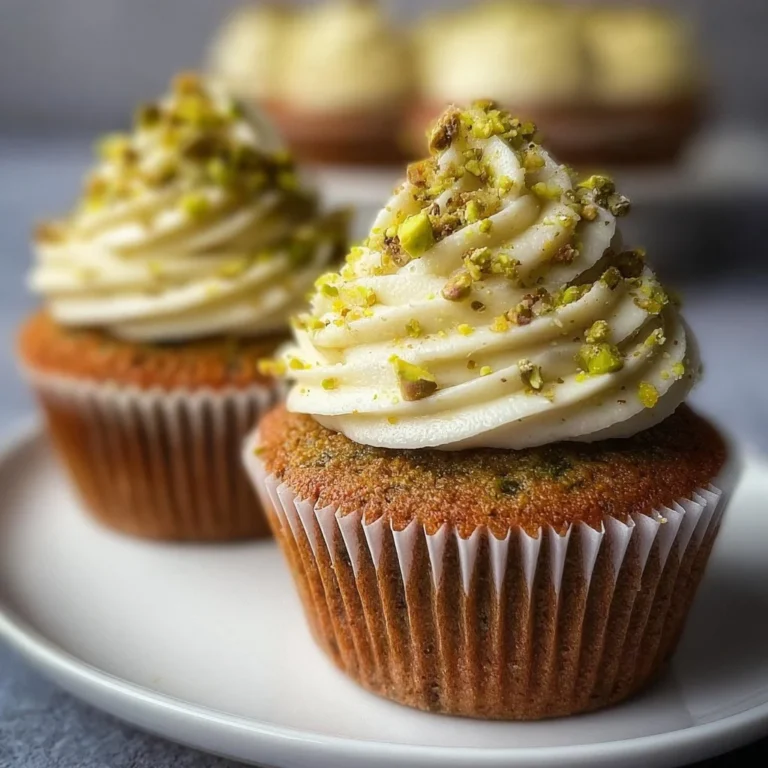 Pistachio cupcakes topped with vanilla buttercream frosting on a decorative plate.