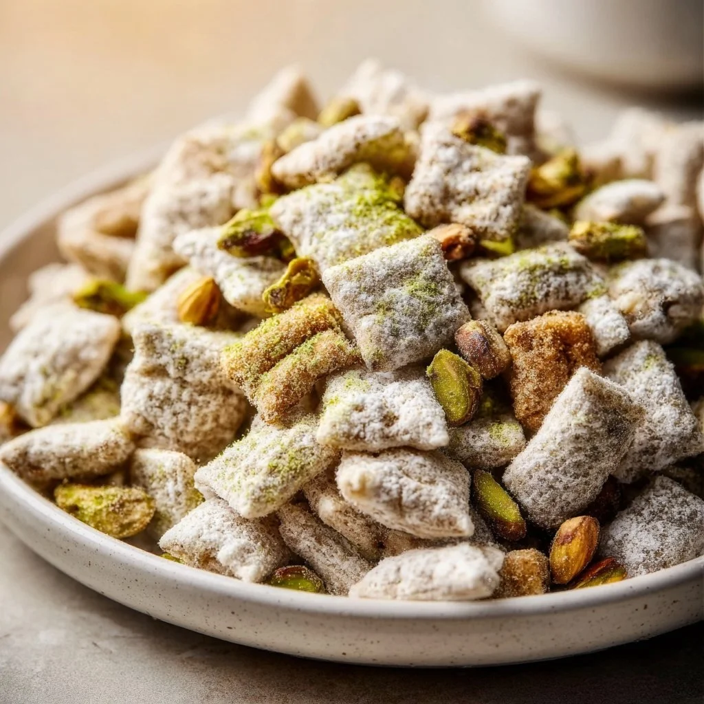 Delicious homemade Pistachio Puppy Chow mix for a tasty snack or dessert