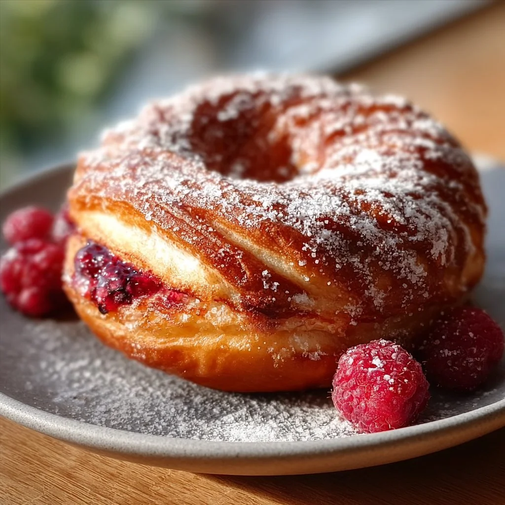 Raspberry Croissant Sourdough Donuts showcasing buttery layers and fresh raspberries.