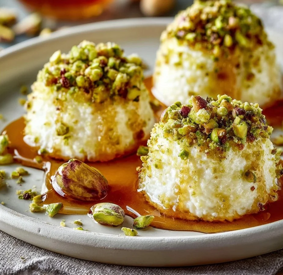 Delicious ricotta pistachio honey bites on a serving plate.