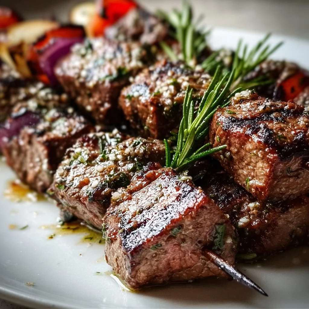 Delicious rosemary garlic steak kebabs on the grill, ready to serve.
