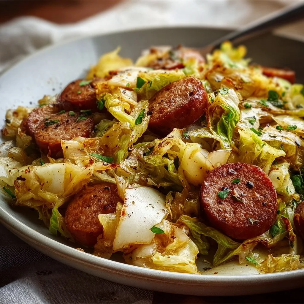 Sausage and cabbage skillet dish with vibrant colors and delicious ingredients