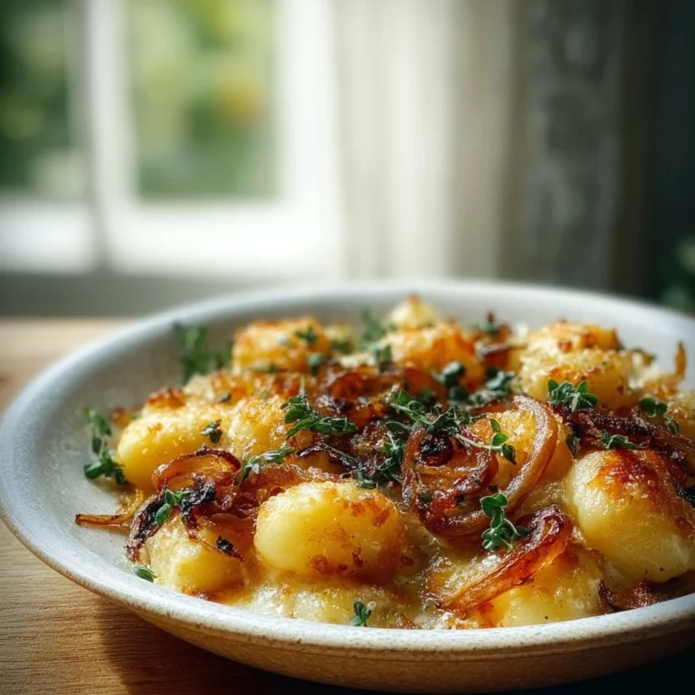 Savory French onion gnocchi bake topped with golden caramelized onions