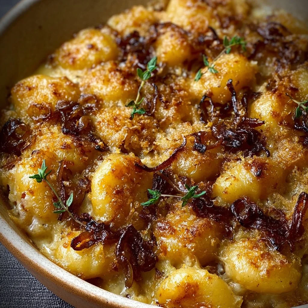 Savory French Onion Gnocchi Bake with Golden Caramelized Onions